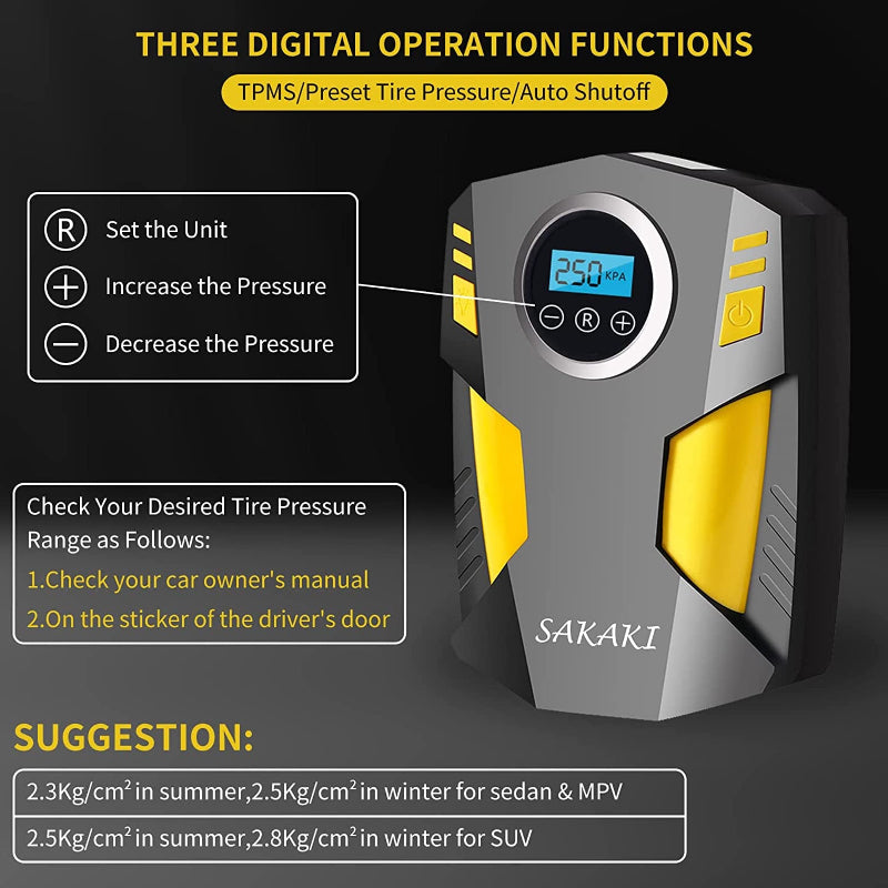 Skorter | Portable tire pump with LED light and 3 nozzle adapters