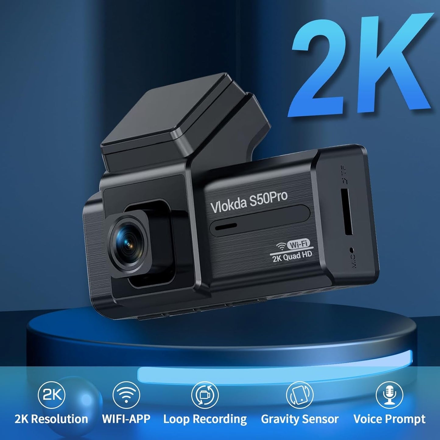 Skørter | 2K Front Dash Cam with built-in WiFi - QHD 1440P with super night vision, G-sensor, 24 hours parking, 170° wide angle, loop recording