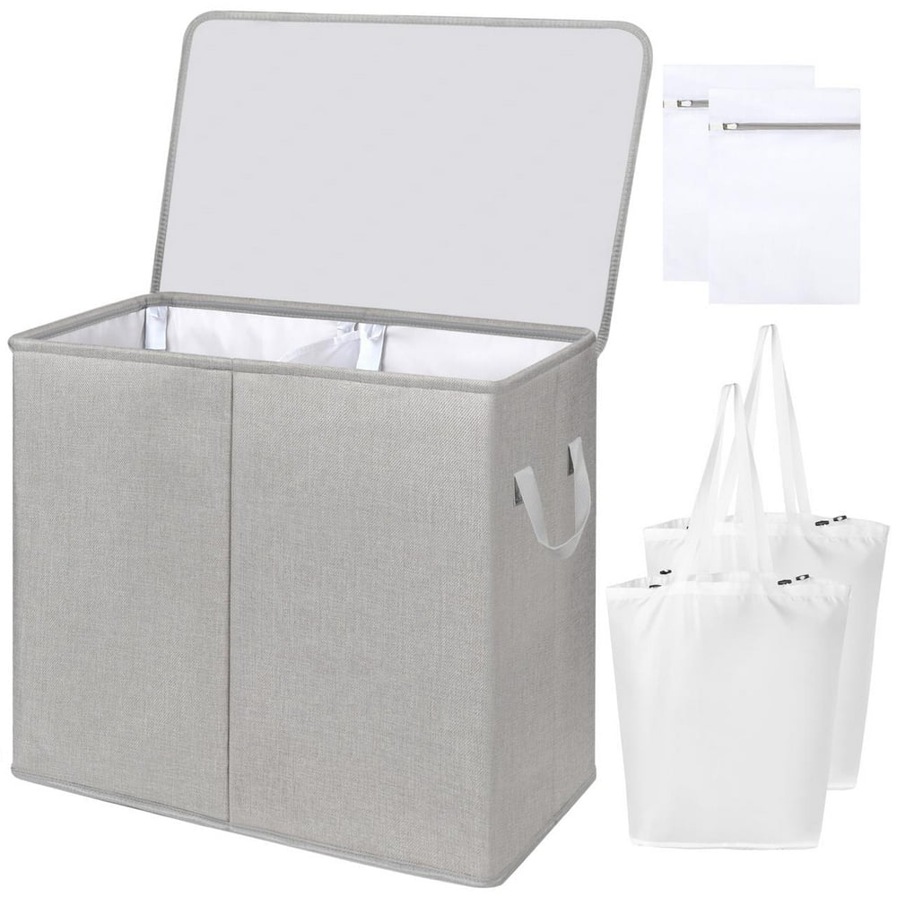 Skorter | Double Laundry Basket with Lid and Carry Bag, Large Foldable 2 Dividers Laundry Hamper with Handles for Bedroom, Laundry Room, Closet, Bathroom, College, Dark Gray