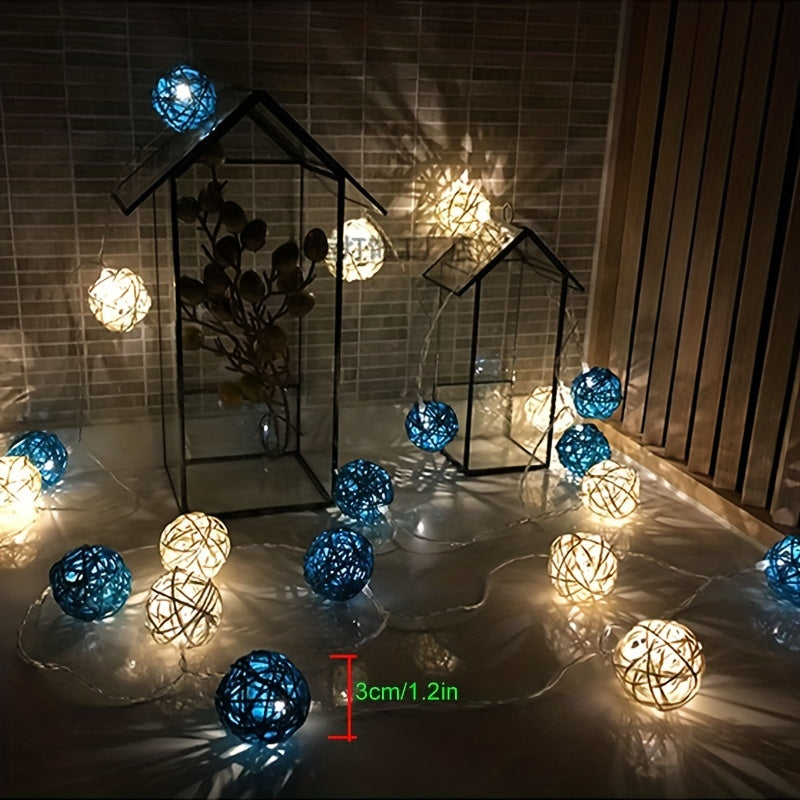 Skorter | LuxeGlow - Blue White Rattan Light Chains 2m 20 LED's, Battery Powered Decorative Lighting