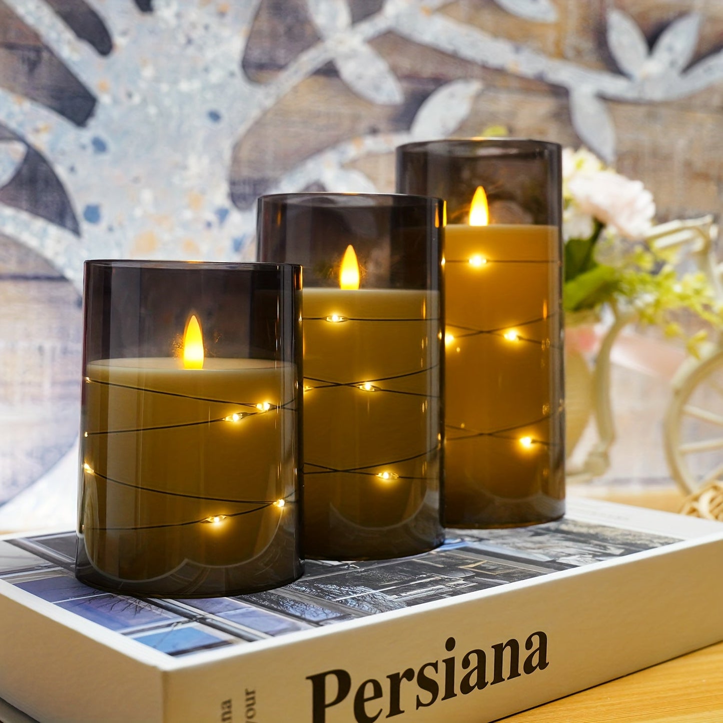 Skorter | Flameless LED Candle Holders With Star Shaped Light Chain – 3-Pack Gray (D3*H10.16cm12.7cm15.24cm) Included Remote Control & Timer