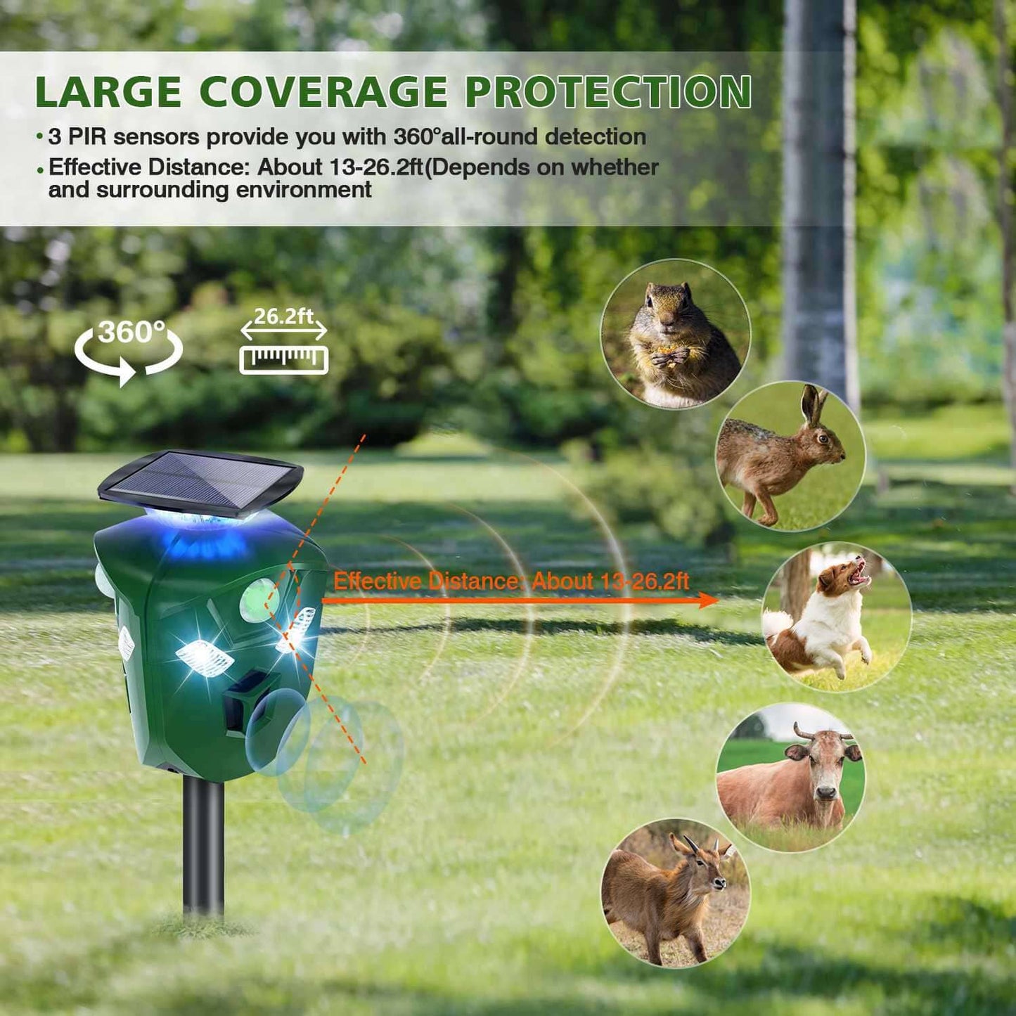 Skorter | 360° Electric Solar Powered Ultrasonic Repeller with Motion Sensor LED Flashlight