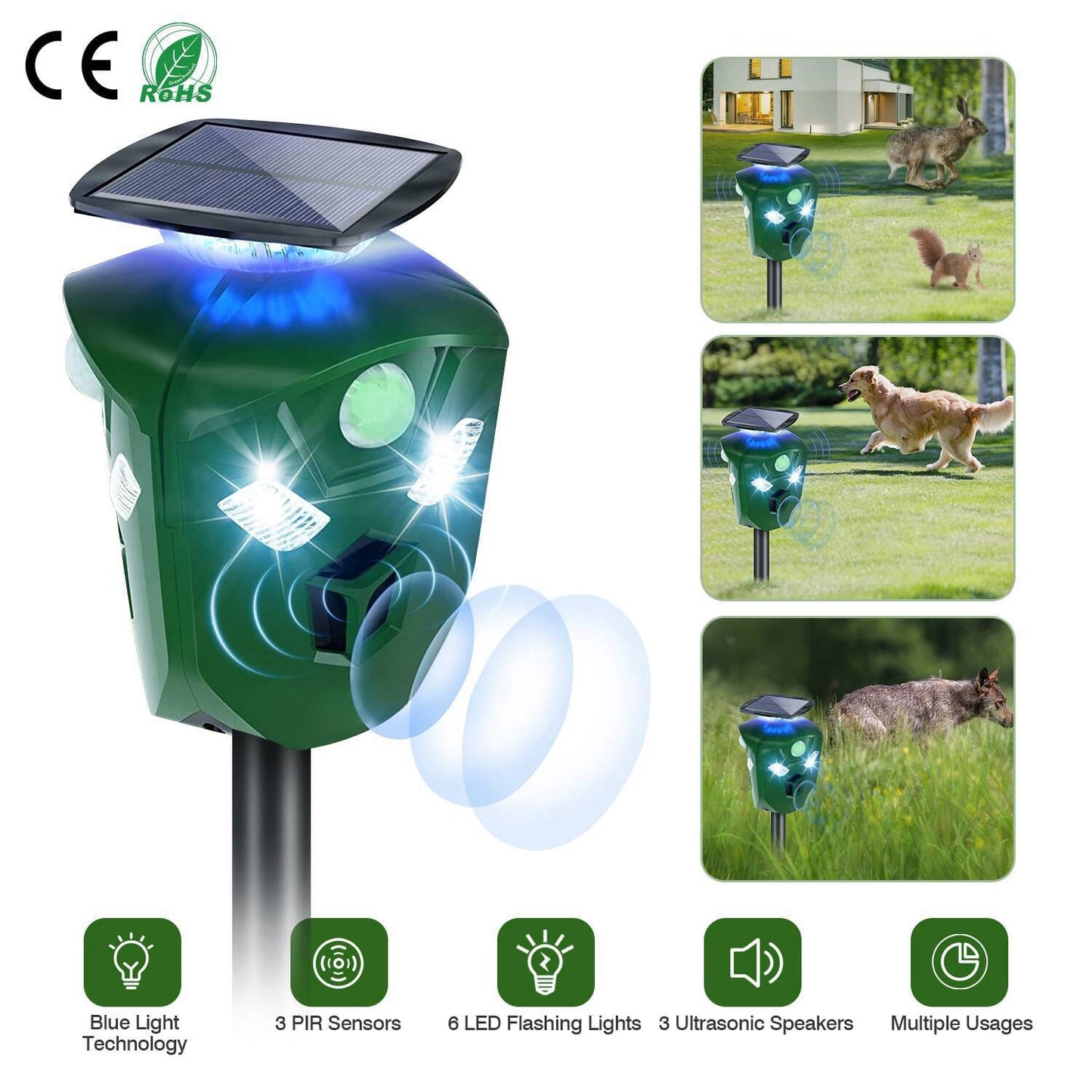 Skorter | 360° Electric Solar Powered Ultrasonic Repeller with Motion Sensor LED Flashlight