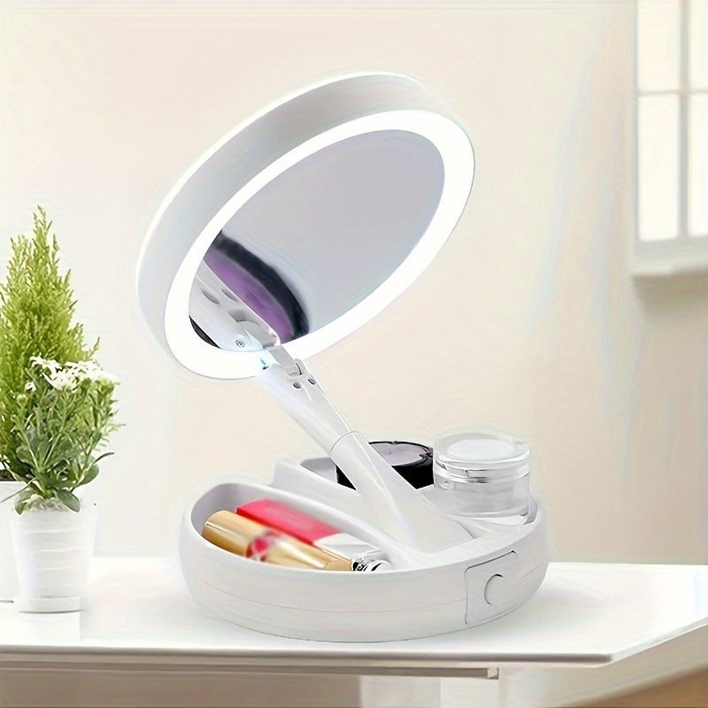 Skorter | Foldable Makeup Mirror with LED Lighting and Storage Box – Double-Sided 1X and 10X Magnifying Mirror for Table or Vanity
