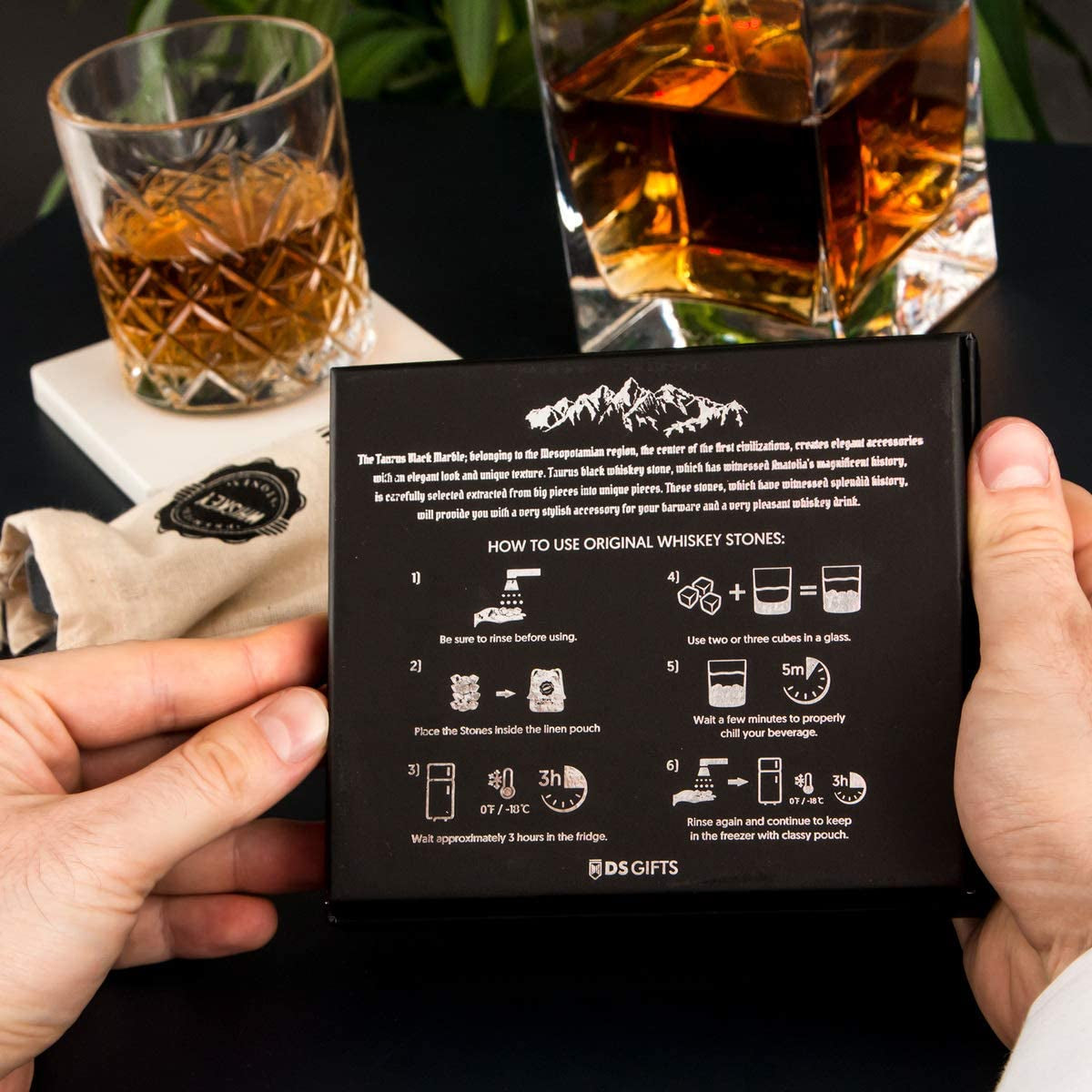Skørter | Premium Whiskey Stones Gift Set with 12 Pcs Stones and Bag. Whiskey, Bourbon, Cognac, Scotch, Gin, Wine Drink. Marble Reusable Ice Cubes. Birthday Gift for Whiskey Lovers.… (Dark Grey)
