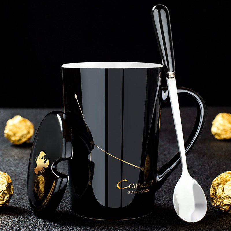 skorter | 12 constellations black ceramic mug with lid spoon