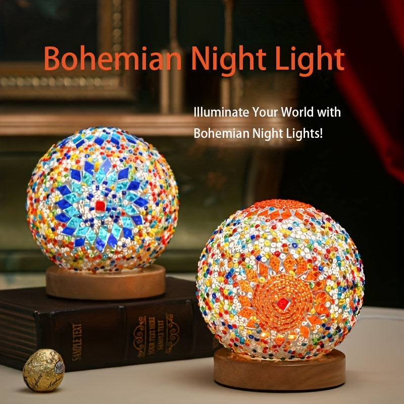 Skorter | Mosaic glass ball table lamp with wooden base - Turkish Moroccan inspired