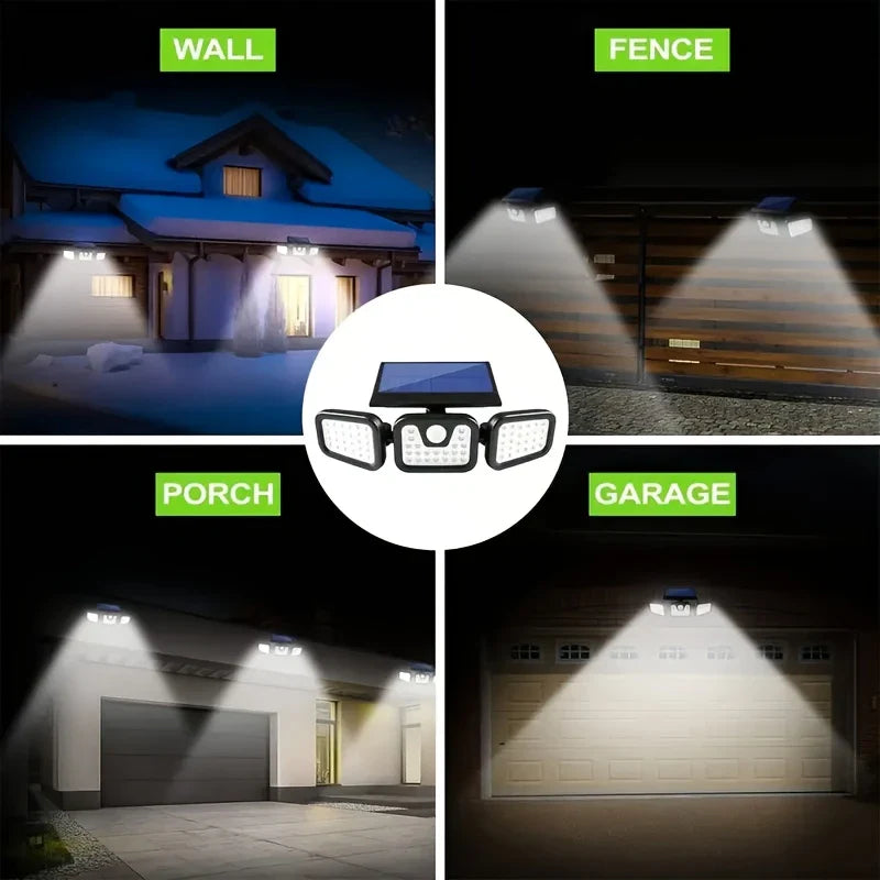 Skorter | Solar LED floodlight with motion sensor – 3-beam outdoor lighting for garden, yard, and garage