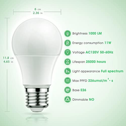 Skorter | Briignite Full Spectrum Grow Light Bulbs, 11W Led A19, E26 Base, 6 Pack For Indoor Plants