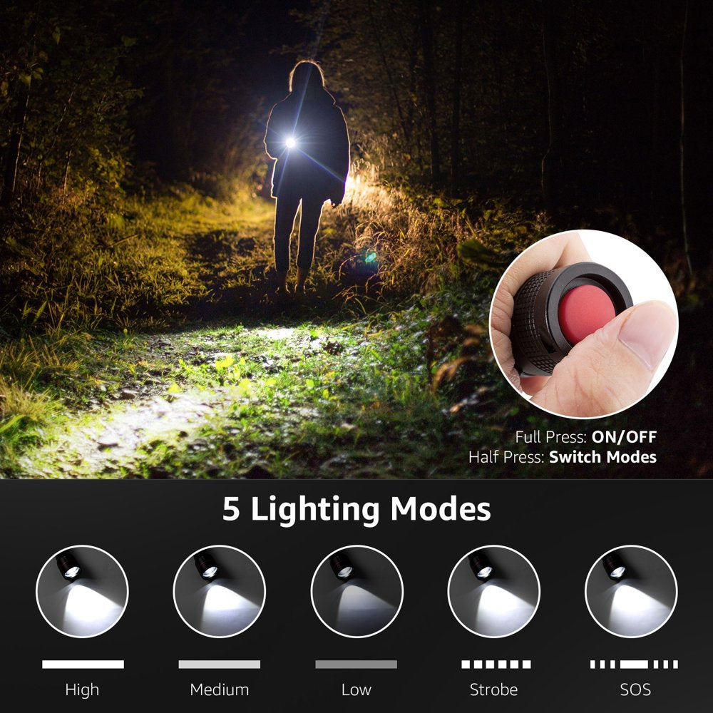 Skorter | 2-Pack LED Flashlights with Hook LE2050 Flashlight High Lumen Super Bright, 5 Light Settings, Zoomable Waterproof Lightweight Flashlights for Emergencies, Camping, Powered by AAA Battery,