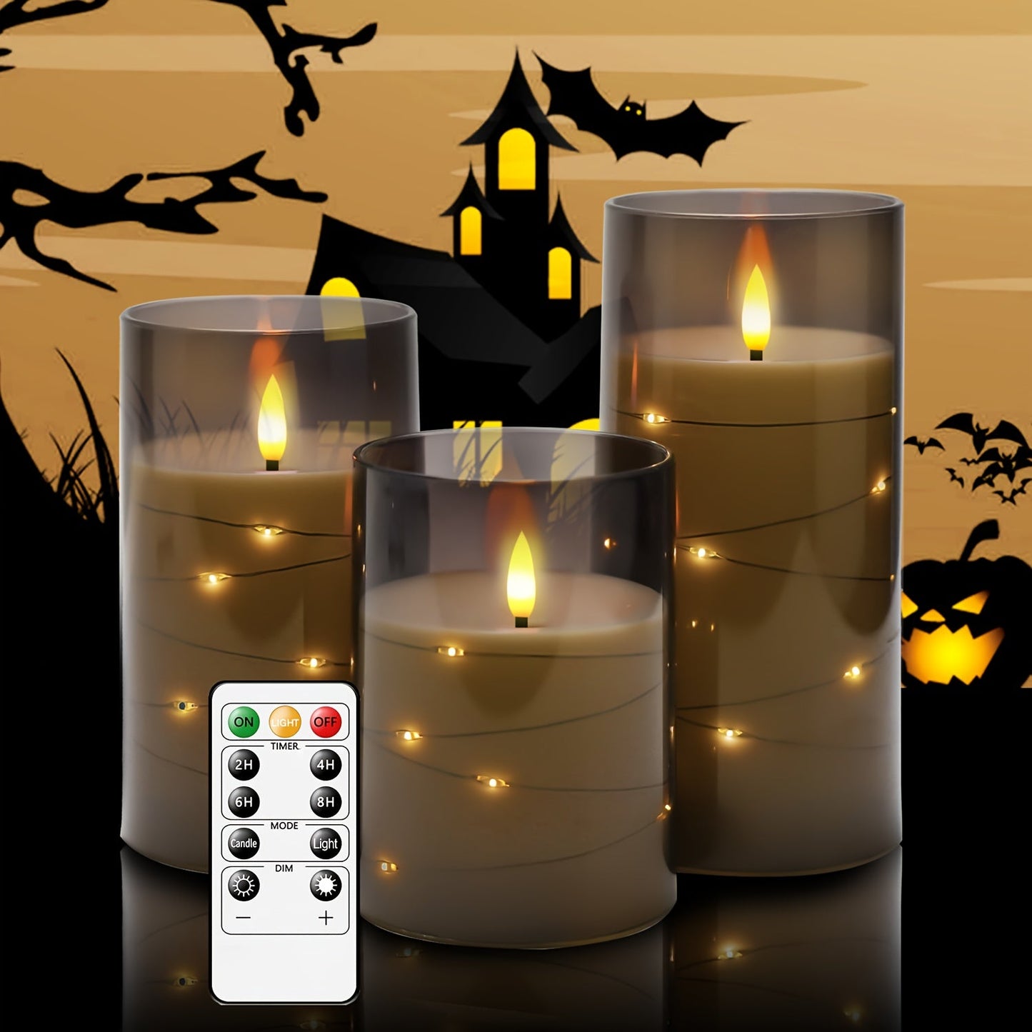 Skorter | Flameless LED Candle Holders With Star Shaped Light Chain – 3-Pack Gray (D3*H10.16cm12.7cm15.24cm) Included Remote Control & Timer