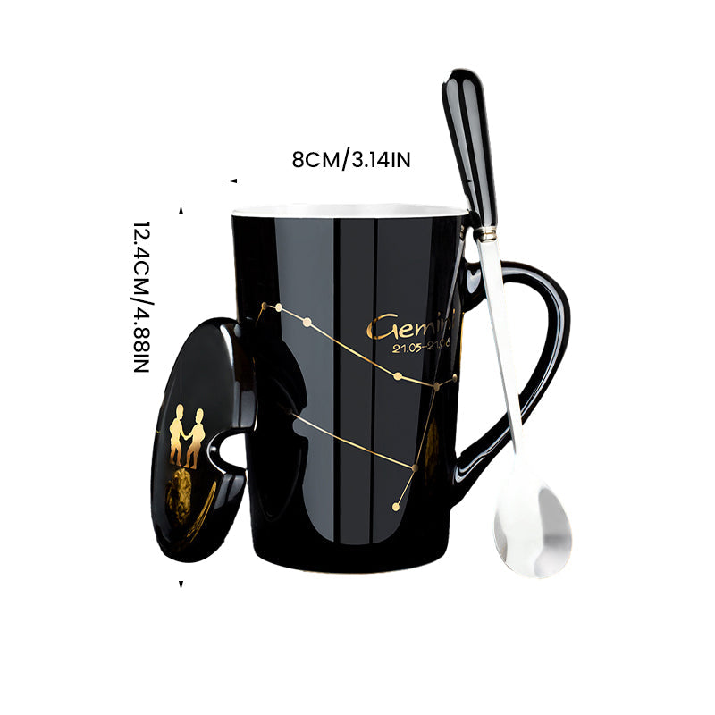 skorter | 12 constellations black ceramic mug with lid spoon