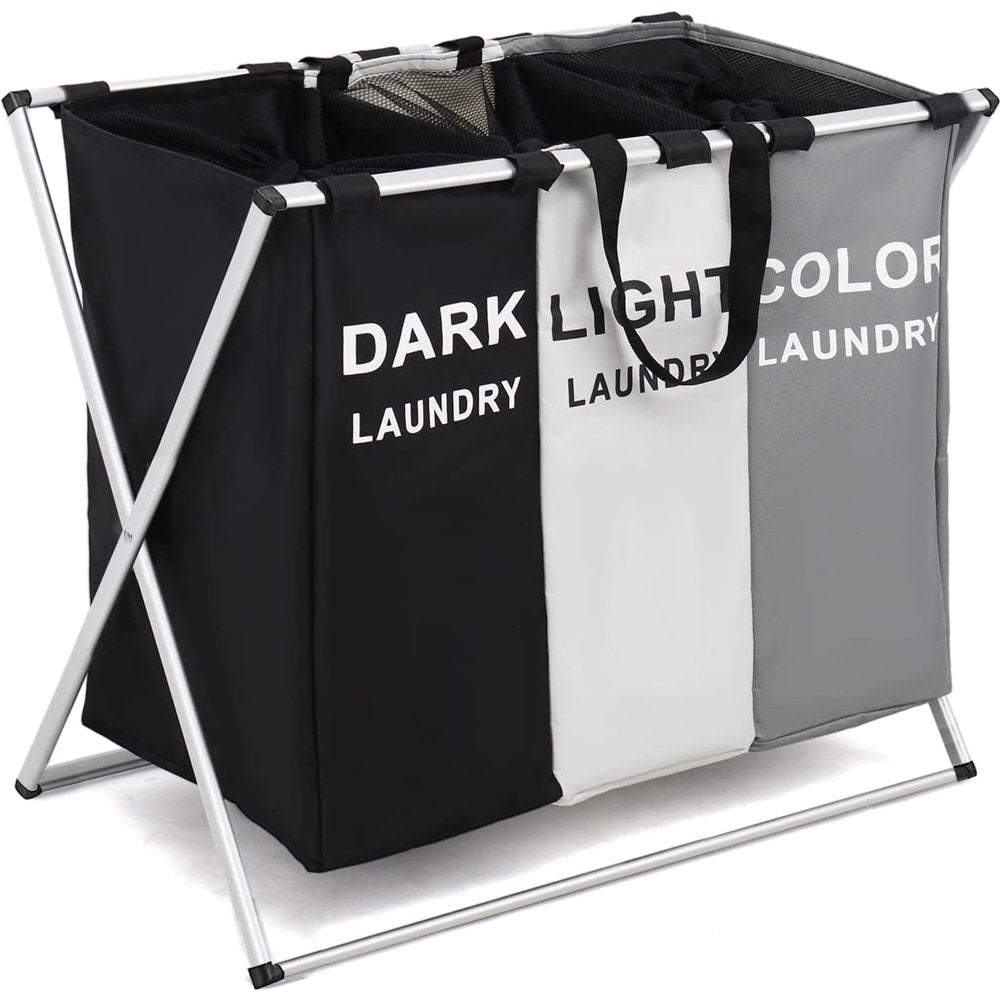 Skorter | Double Laundry Basket with Lid and Carry Bag, Large Foldable 2 Dividers Laundry Hamper with Handles for Bedroom, Laundry Room, Closet, Bathroom, College, Dark Gray