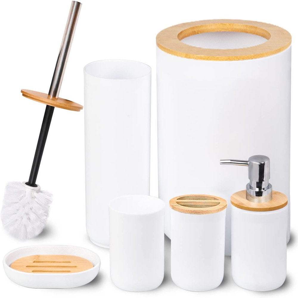Skorter | 6 Piece Bath Set - Soap Dish Toothbrush Holder Rinsing Container Lotion Bottle Trash Can Toilet Brush - Practical Toilet Set for Home Laundry Room, Black