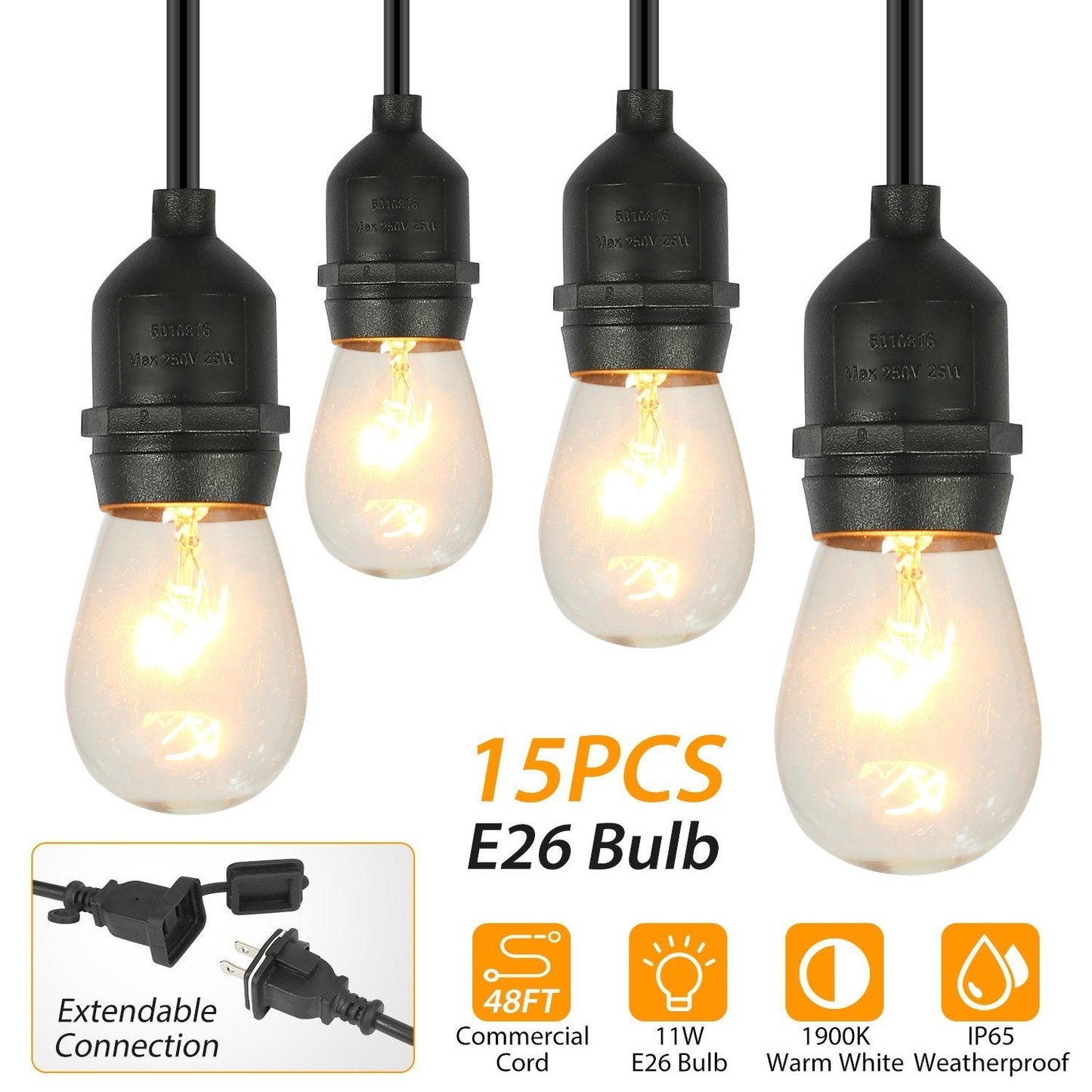 Skorter | 48ft Outdoor Light String Waterproof Patio Light String Bulbs
