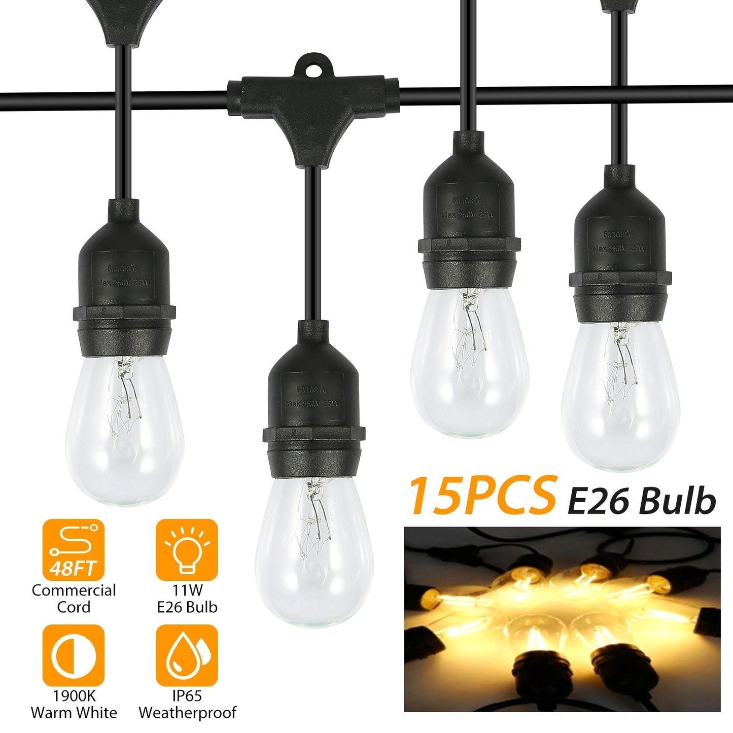 Skorter | 48ft Outdoor Light String Waterproof Patio Light String Bulbs