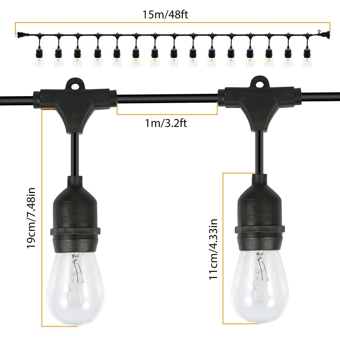 Skorter | 48ft Outdoor Light String Waterproof Patio Light String Bulbs
