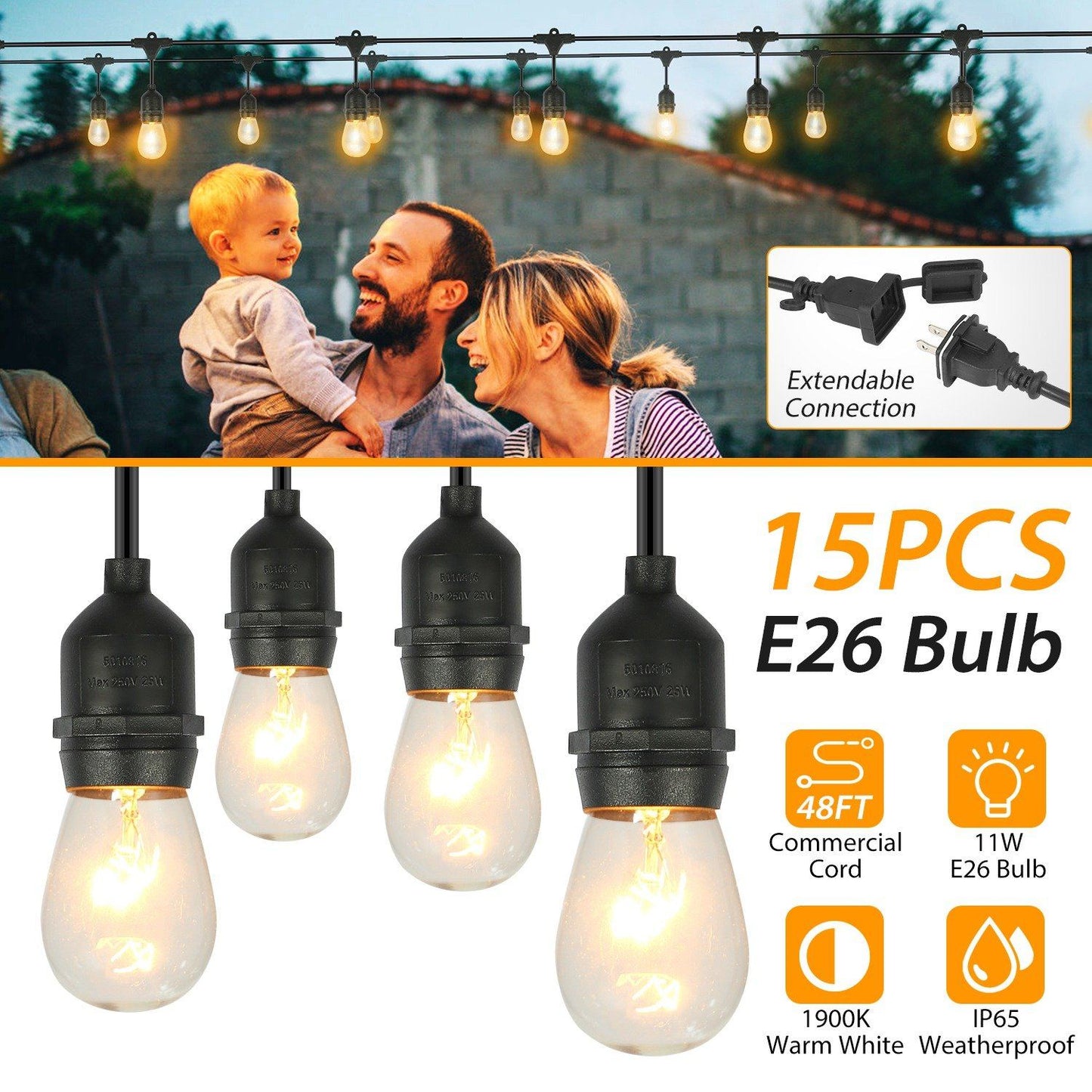 Skorter | 48ft Outdoor Light String Waterproof Patio Light String Bulbs