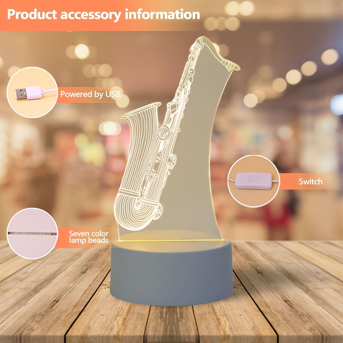 Skorter | SaxGlow - 3D Saxophone LED Night Light, USB-Powered Table Lamp