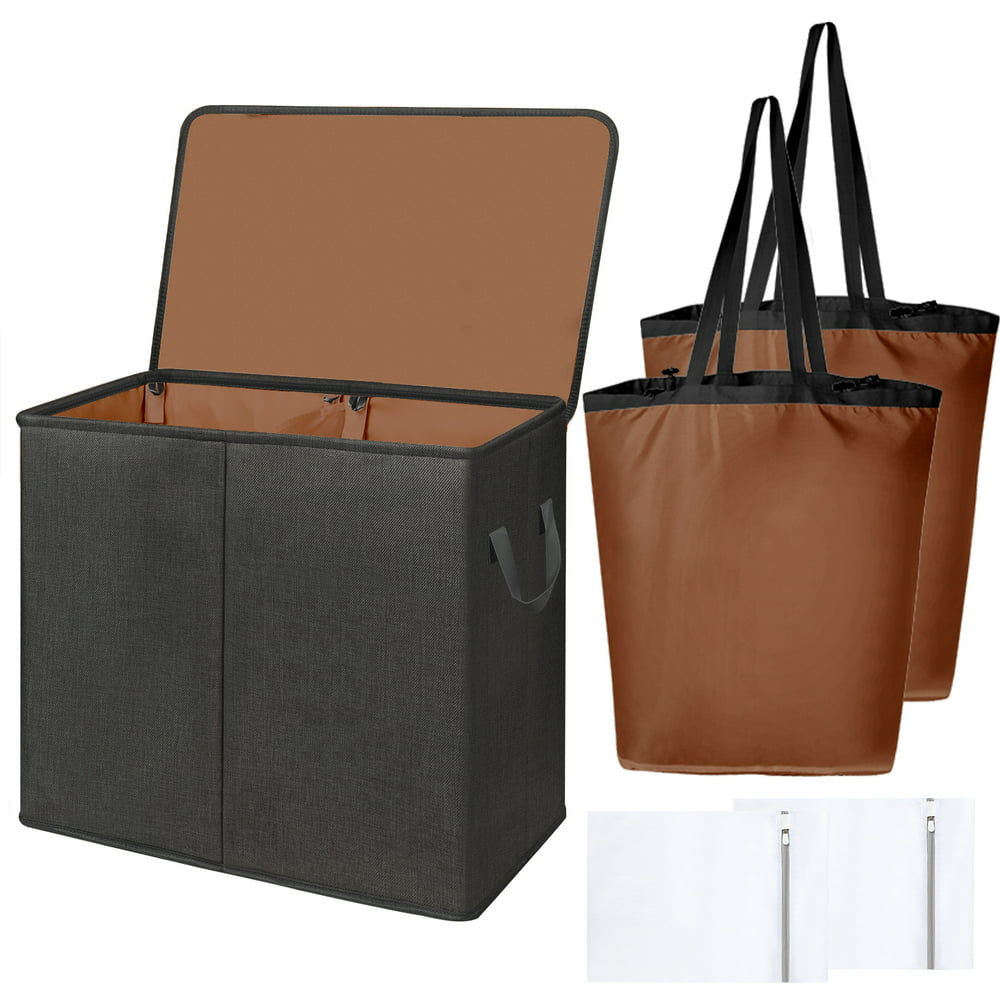 Skorter | Double Laundry Basket with Lid and Carry Bag, Large Foldable 2 Dividers Laundry Hamper with Handles for Bedroom, Laundry Room, Closet, Bathroom, College, Dark Gray
