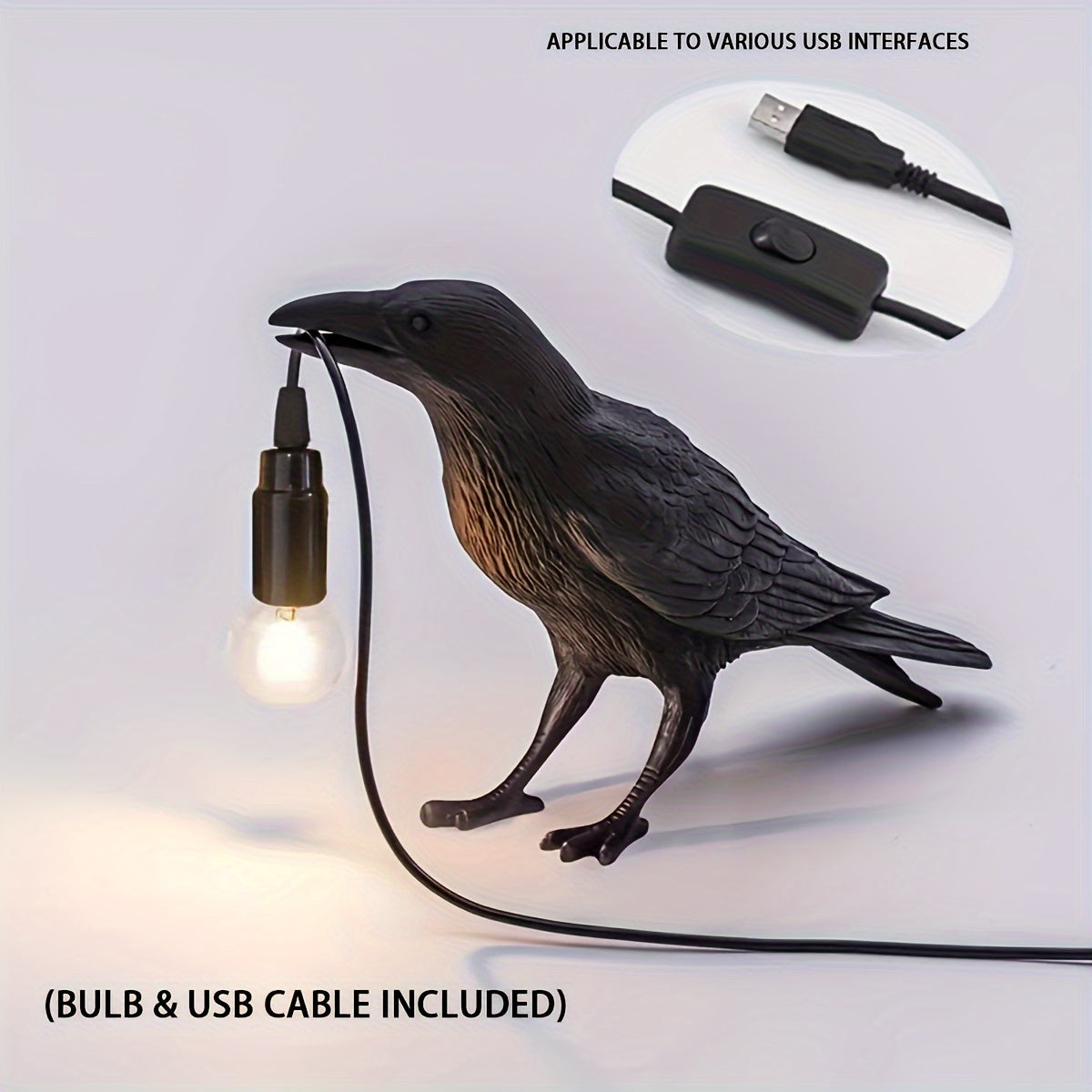 Skorter | RavenLight - Black Raven Table Lamp, USB-Powered, Harsh Lamp for Living Room and Bedroom