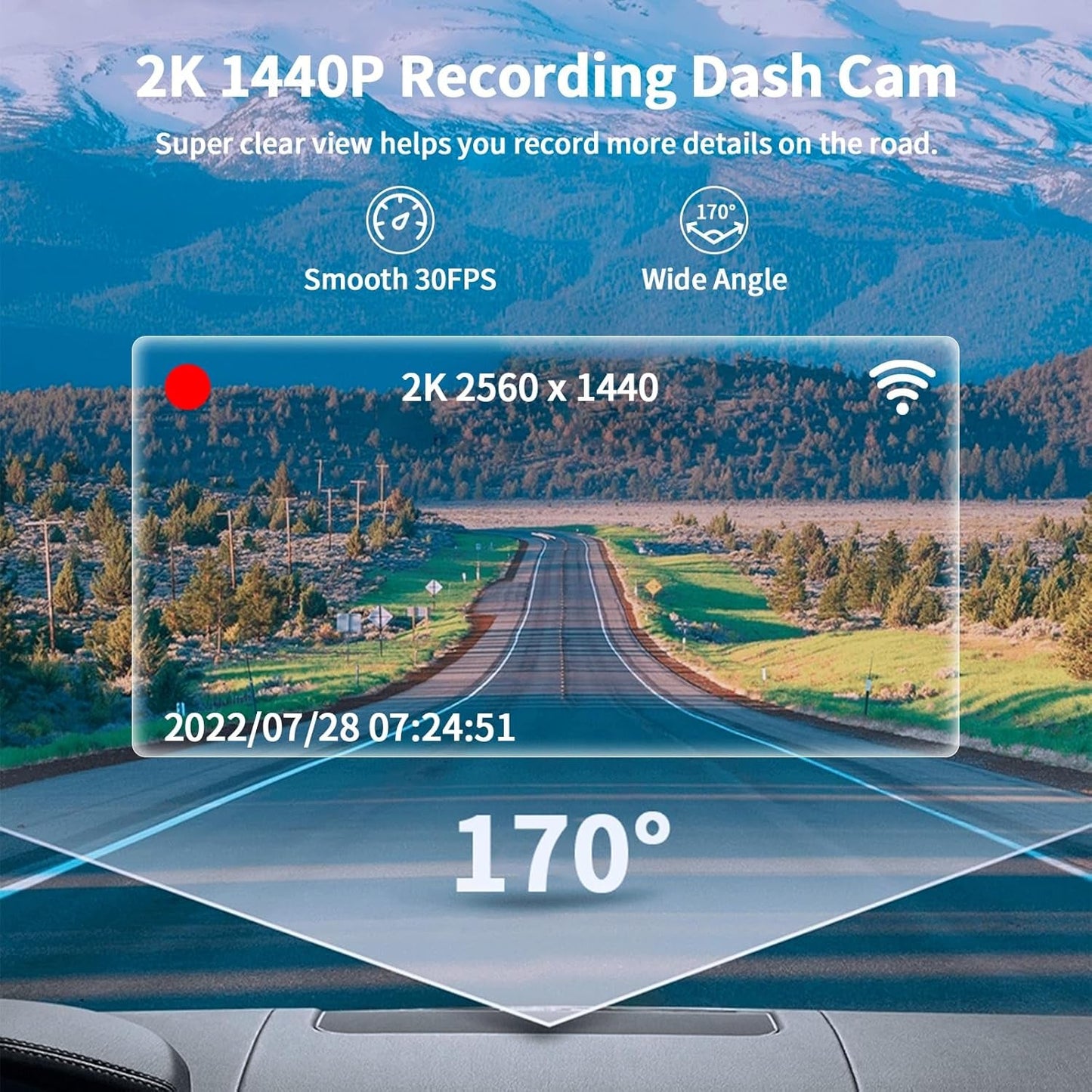 Skørter | 2K Front Dash Cam with built-in WiFi - QHD 1440P with super night vision, G-sensor, 24 hours parking, 170° wide angle, loop recording