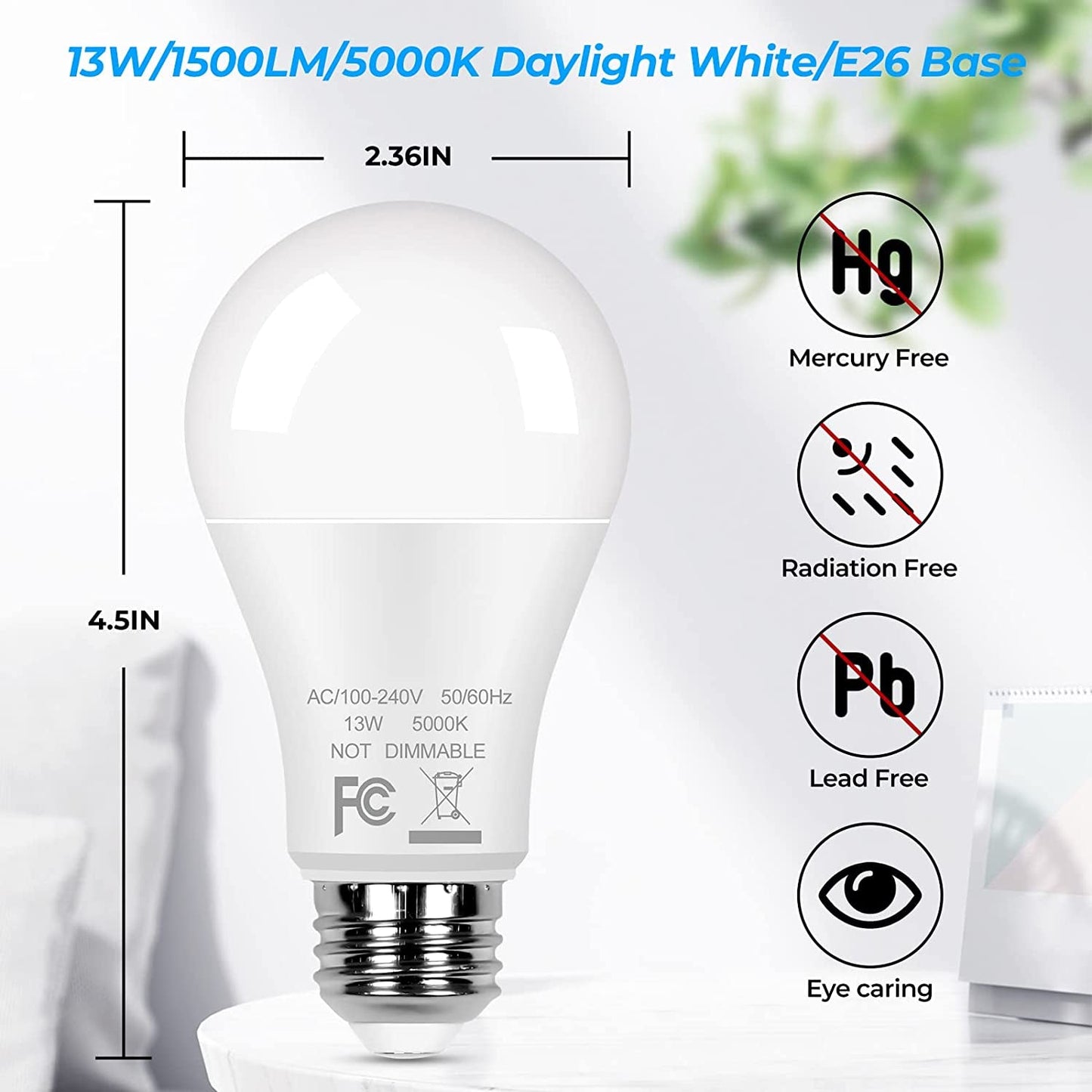 Skorter | 12-Pack A19 LED Bulbs, 100W Equivalent Bulbs, 13W 5000K Daylight White LED Bulbs with Standard E26 Medium Base