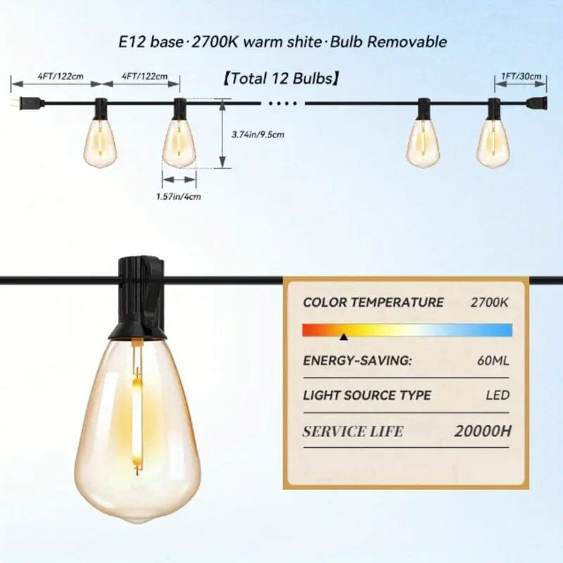 Skorter | 50 Ft. Solar String Lights Outdoor with Remote ST38 Vintage Edison Bulbs