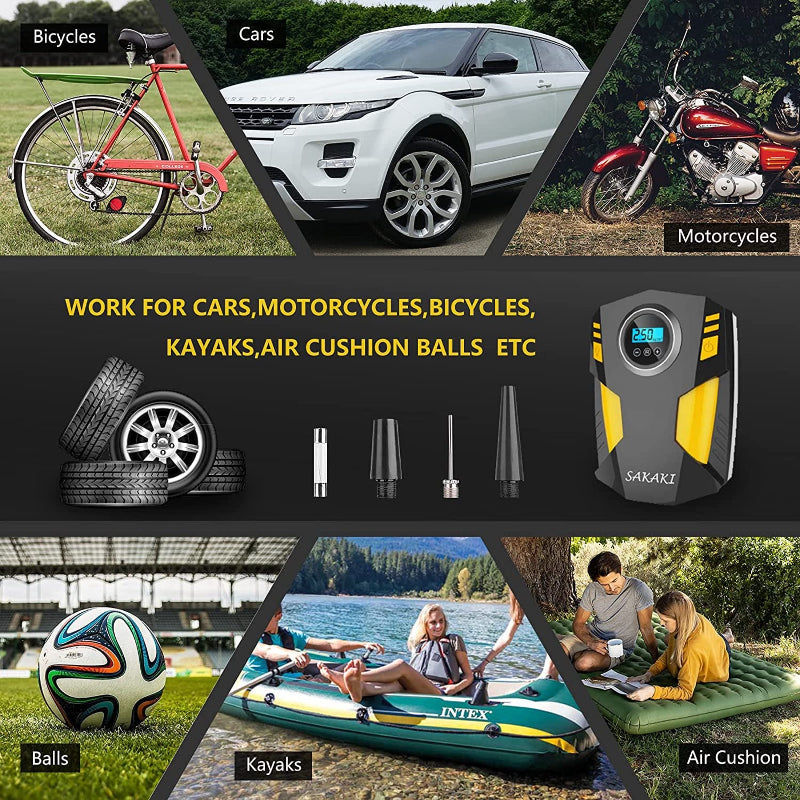 Skorter | Portable tire pump with LED light and 3 nozzle adapters