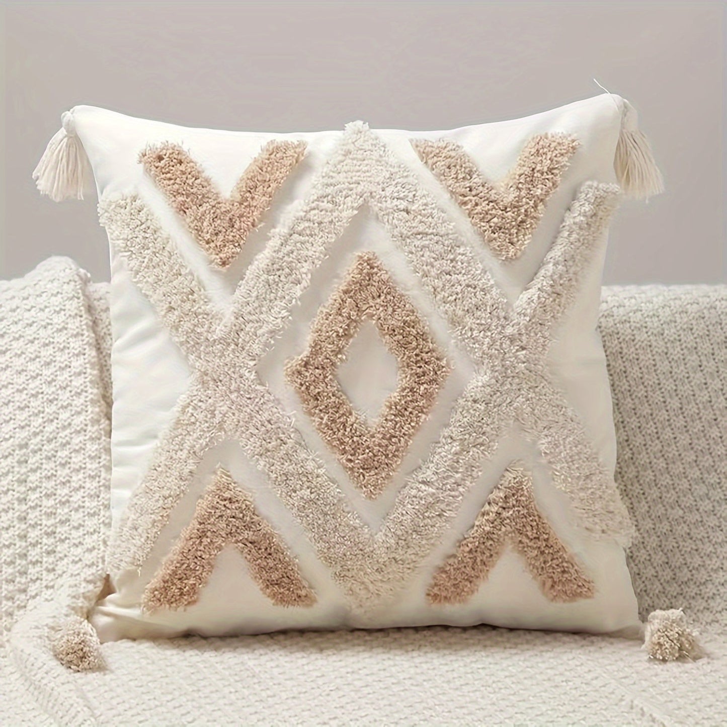 Skorter | Boho Beige Cushion Cover with Fringes - For Sofa and Bed (without filling)