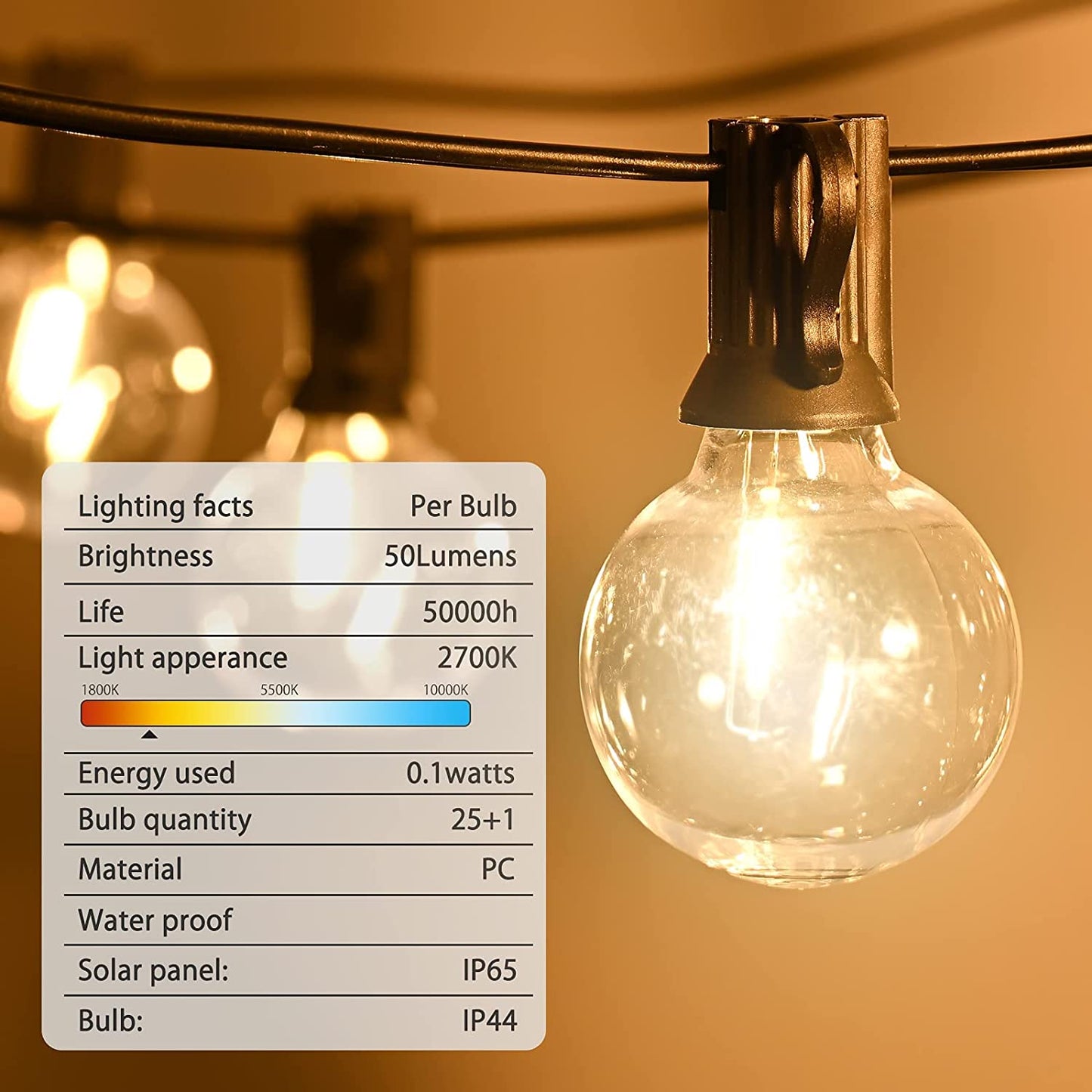Skorter | 27Ft G40 Solar String Lights Outdoor Waterproof Globe Lights With 4 Lighting Modes Shockproof LED Bulbs