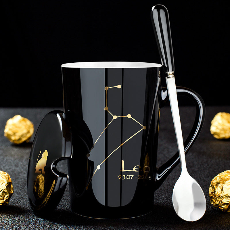 skorter | 12 constellations black ceramic mug with lid spoon