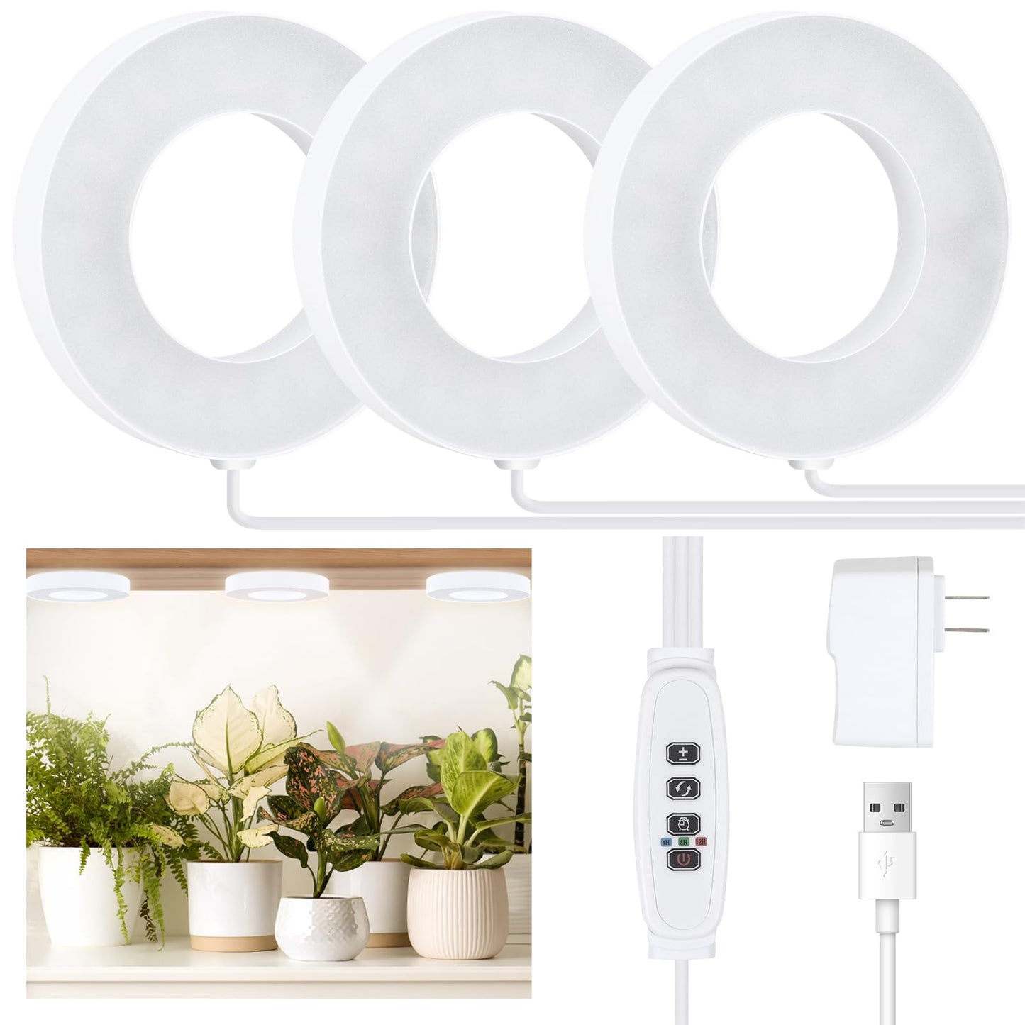 Skorter | Aopeids 144 LED Grow Light For Indoor Plants Full Spectrum 5000K, Upgraded 3 Lighting Modes, Plant Light With Auto On/Off Timer 4/8/12H, Halo Lite Grow Light 10-Level Dimmable (White, Tri Head)