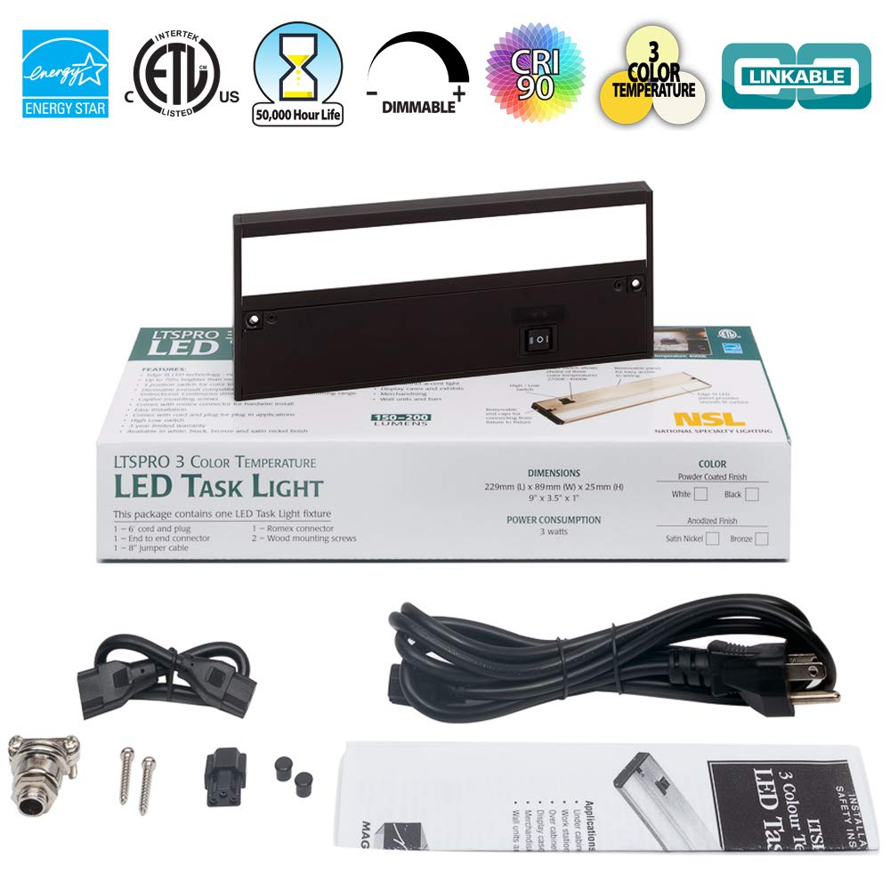 Skorter | Nsl Ltspro 9" Dimmable Led Work Light - 3 Color Temperatures, Black Under Cabinet Lighting