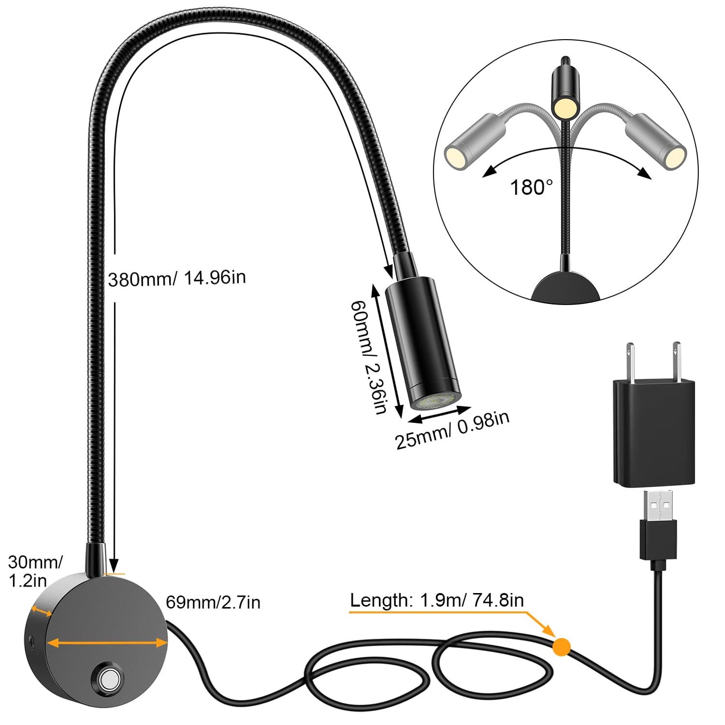 Skorter | Eray Wall Mounted Led Reading Lamp, Dimmable, 15" Goose Neck, Usb Charging, 2 Pack