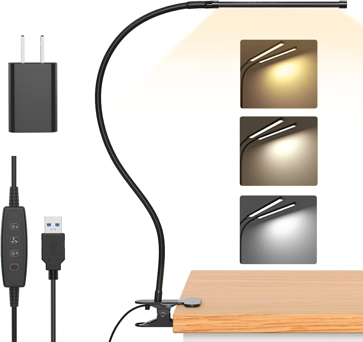 Skorter | Serava 77 LED Desk Clamp Lamp with USB Power & Flexible Gooseneck