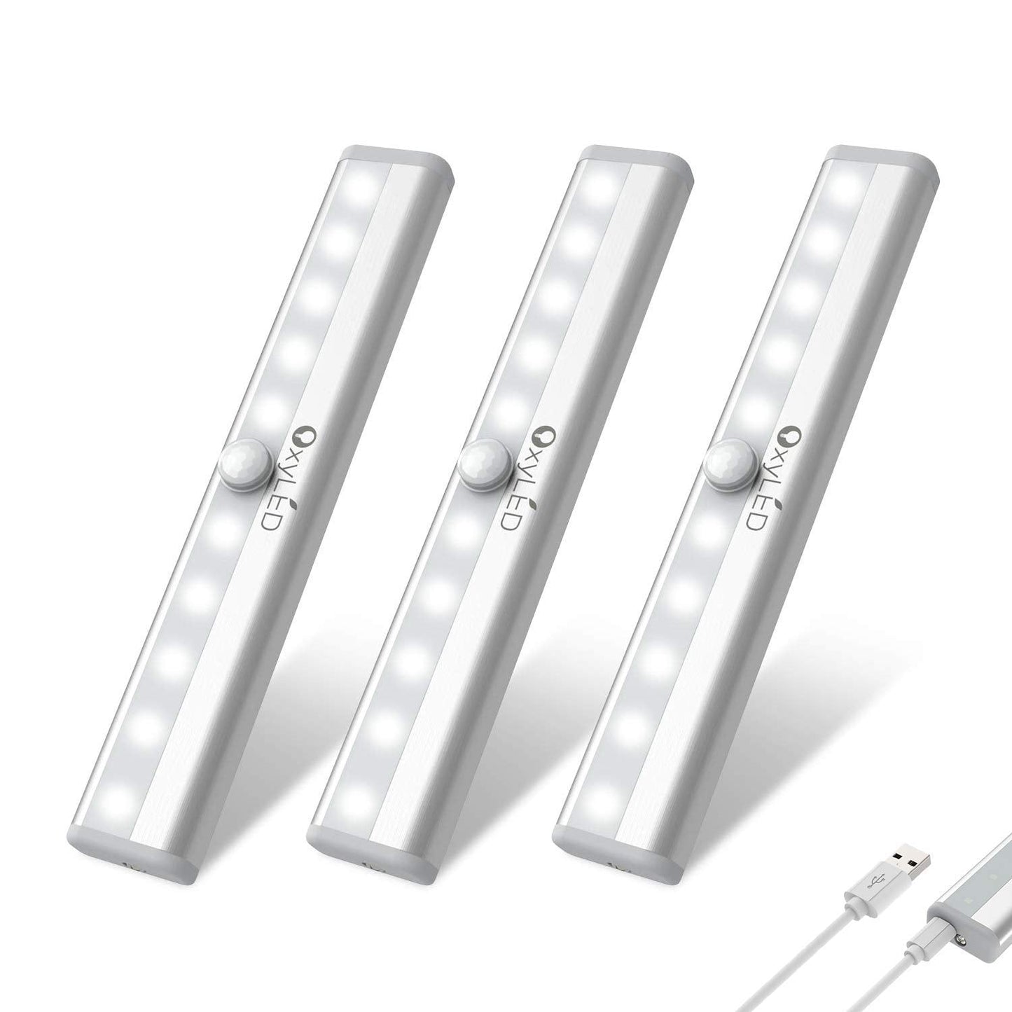 Skorter | Oxyled 10 Led Under Cabinet Light, Rechargeable Motion Sensor Night Light Bar, 3 Pack, Pure White