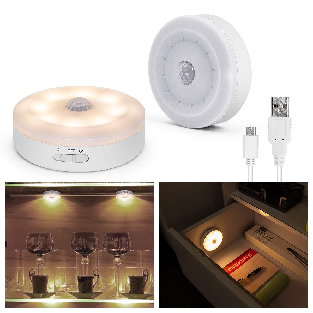 Skorter | My beauty light warm white motion sensor LED puck light - rechargeable, wireless, 2-pack