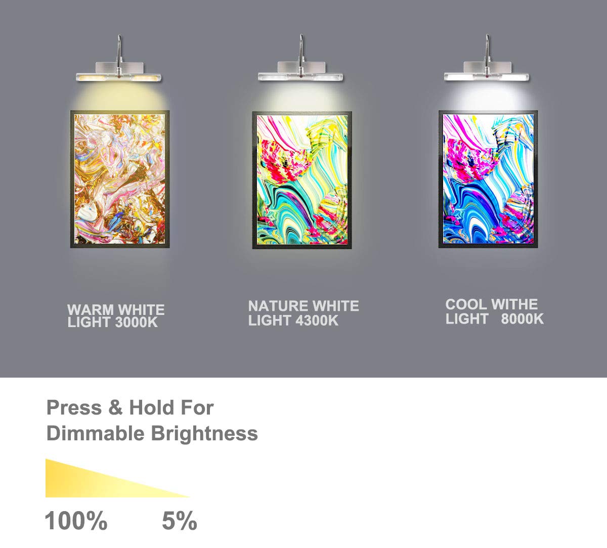 Skorter | Biglight LED Picture Lighting, Battery Powered, Remote Control, Timers, Dimmer, 8.8", Silver