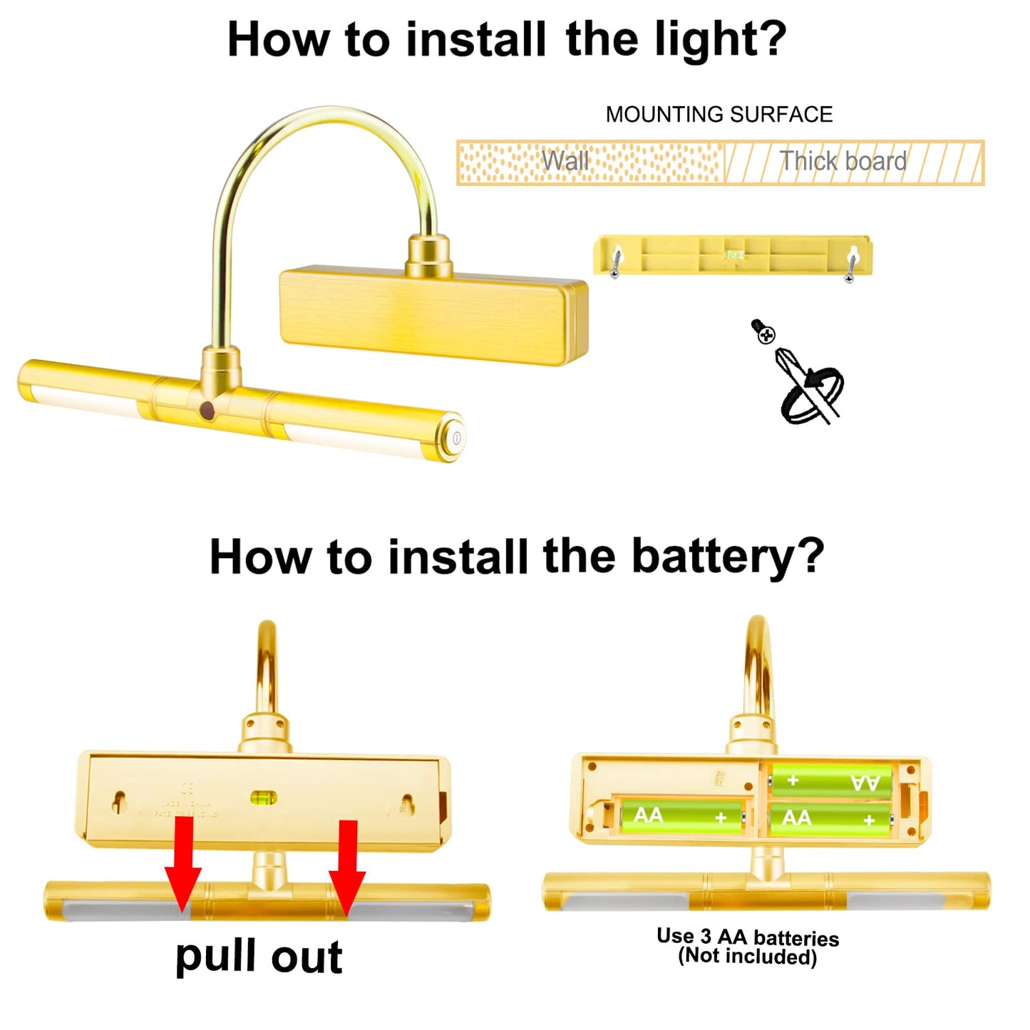Skorter | Biglight Wireless Led Picture Light With Remote Control, Dimmable, 3 Modes, 8.8", Gold