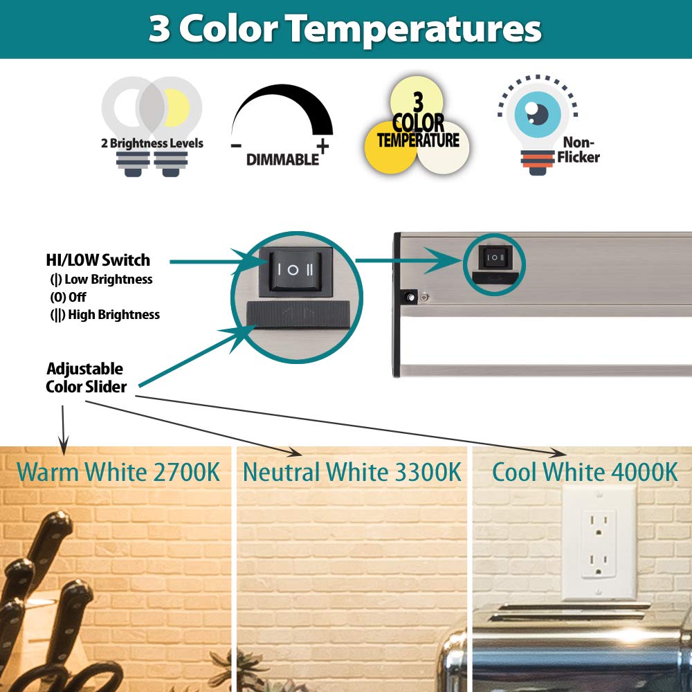 Skorter | Nsl Led Under Cabinet Lighting - Dimmable, 3 Color Temperatures, 9 Inches Satin Nickel