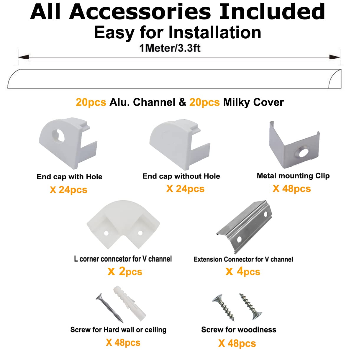 Skorter | Hunhun 20-Pack V Shaped LED Aluminum Channel System with Milk White Cover & Clips, 3.3Ft