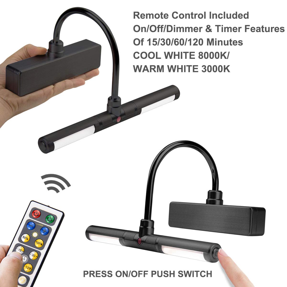 Skorter | Biglight Wireless Led Picture Lighting With Remote Control, Dimmable, 3 Modes, 8.8", Black