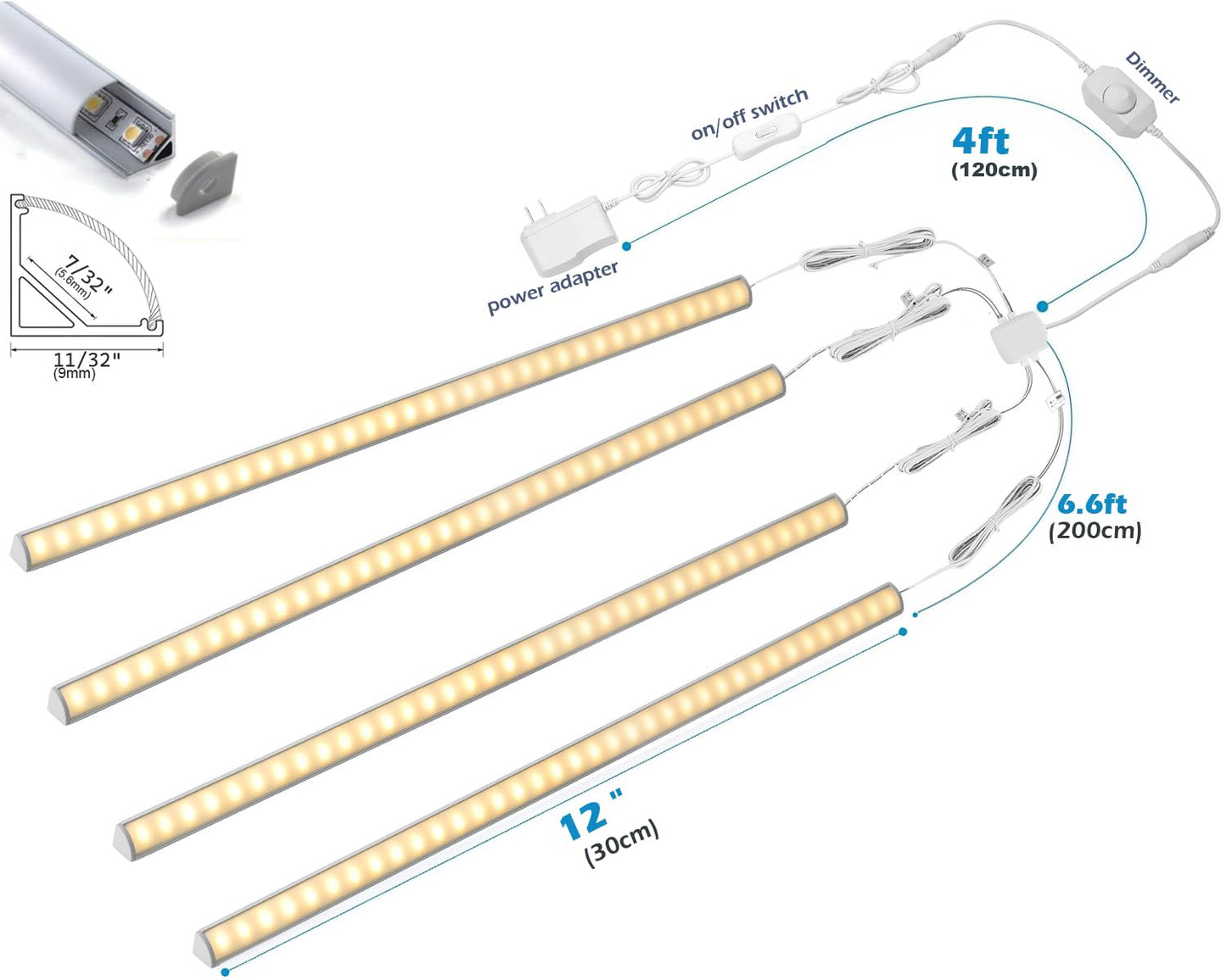 Skorter | Cefrank 12" Dimmable Led Under Cabinet Lighting Set - 4 Pcs Warm White 3000K, 1200