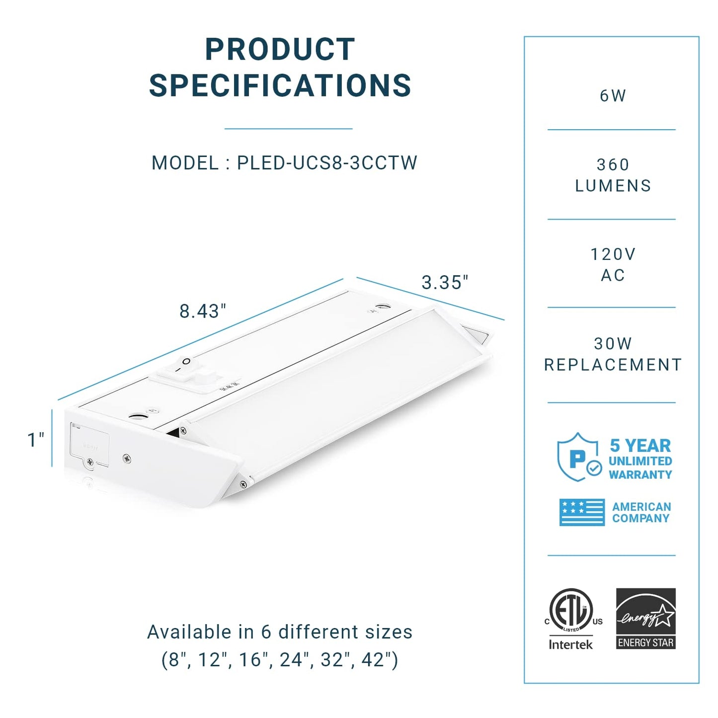 Skorter | Parmida 8" LED under cabinet light, dimmable, color selectable, hardwired/plug-in, white