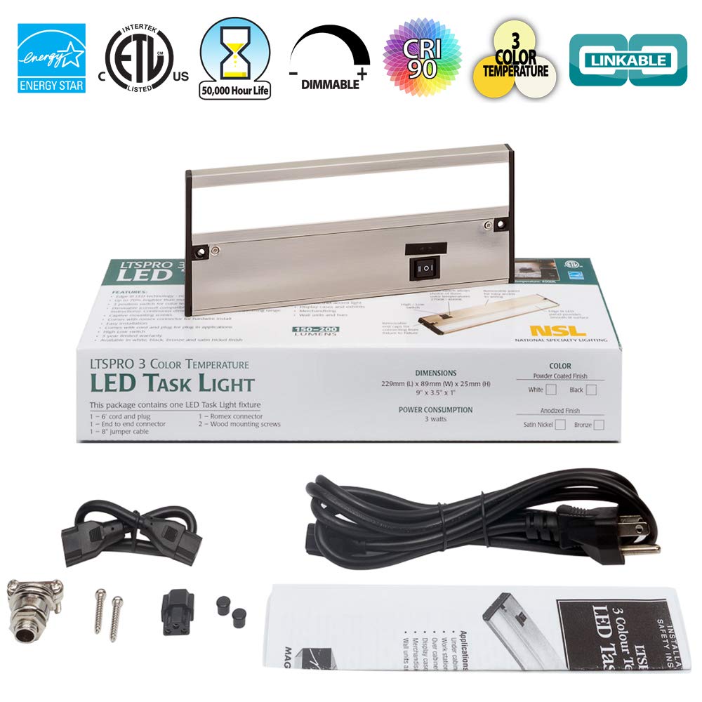 Skorter | Nsl Led Under Cabinet Lighting - Dimmable, 3 Color Temperatures, 9 Inches Satin Nickel