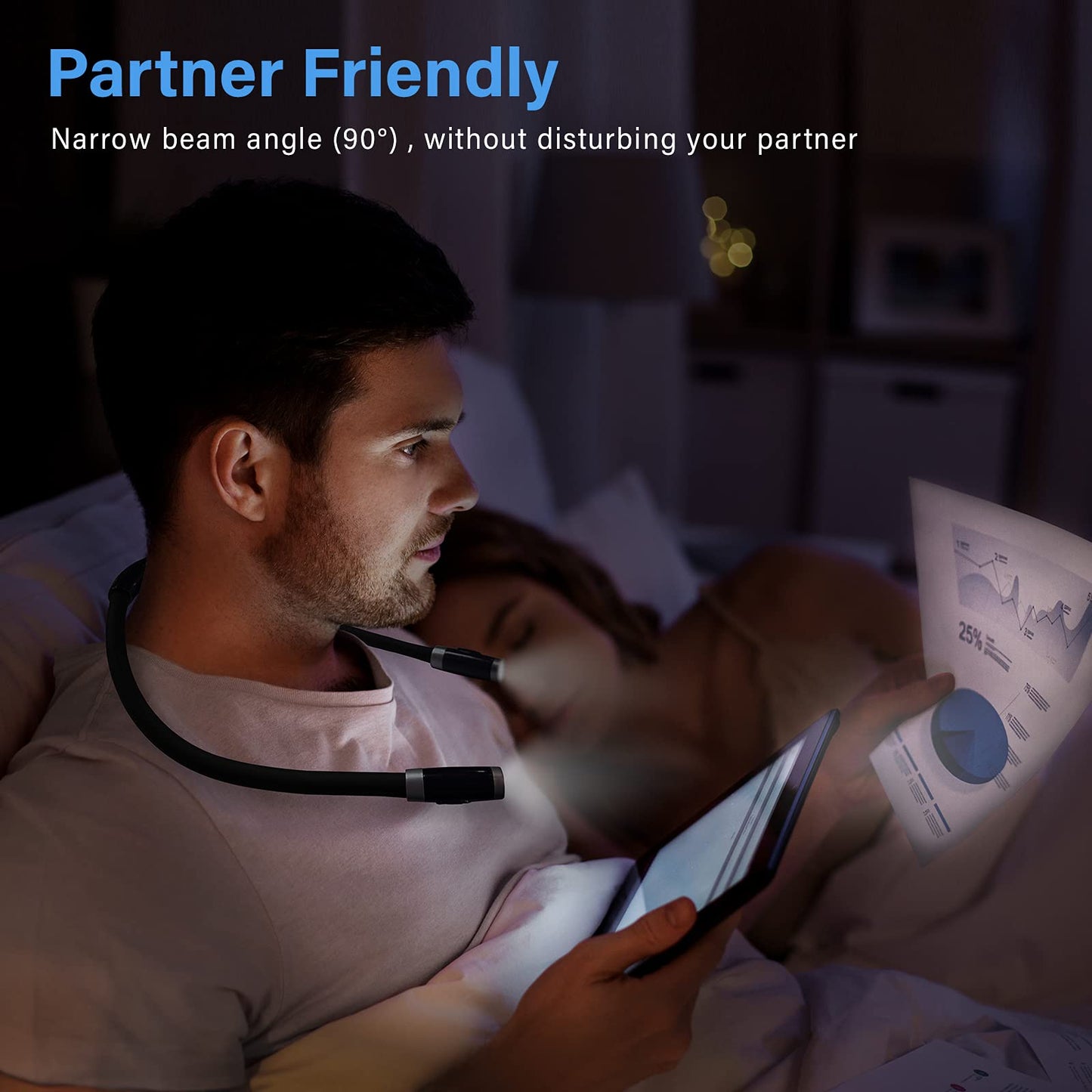 Skorter | Vekkia Rechargeable Led Neck Light, 3 Brightness Levels, Flexible Arms, Black Reading Light