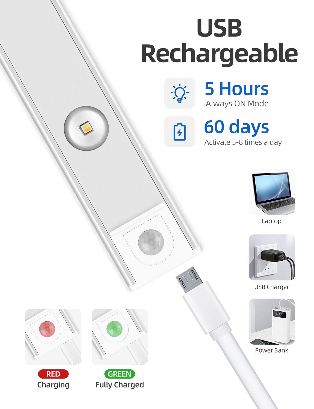 Skorter | Garto Silver LED Under Cabinet Motion Sensor Light, 60 cm, 2 Pack, USB Rechargeable