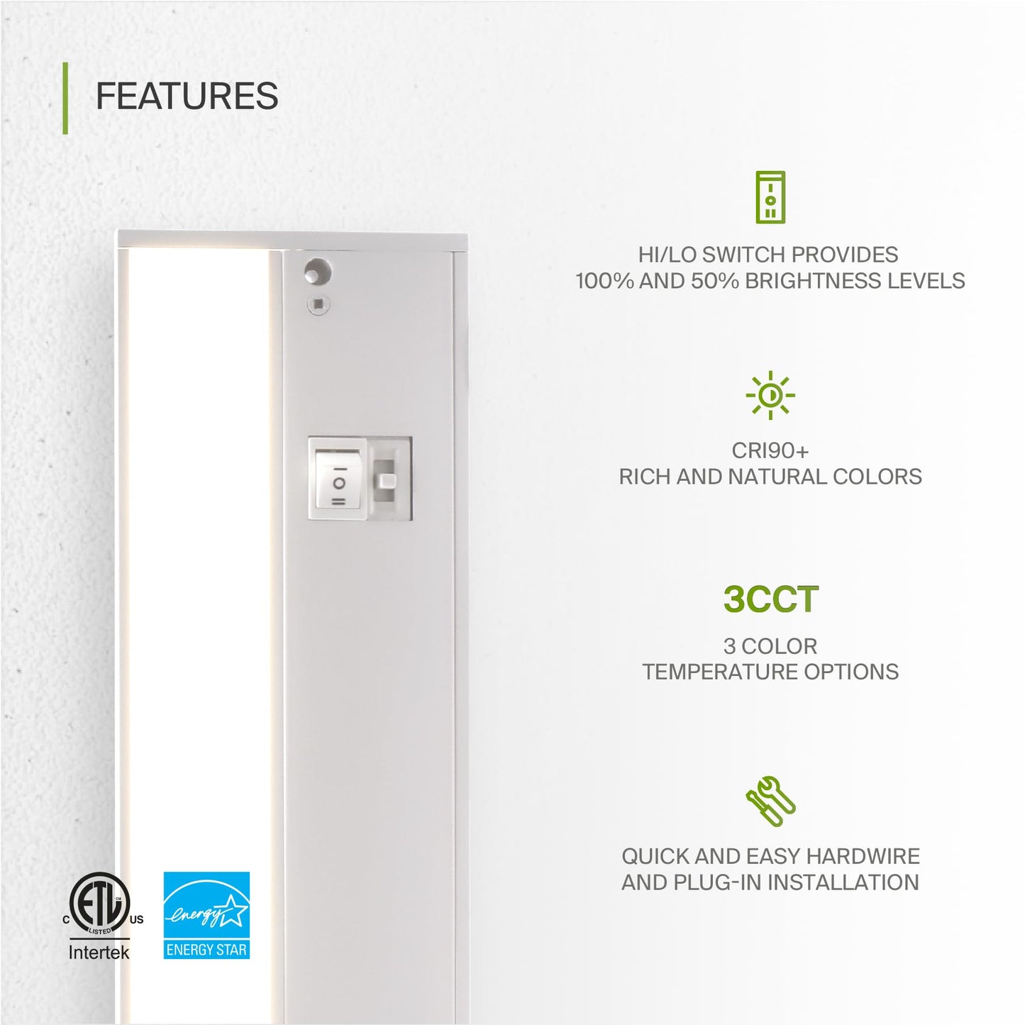 Skorter | Asd Dimmable Led Under Cabinet Lighting, 9 Inches, 3 Color LEVELS, Hardwired/Plug-In, White Finish