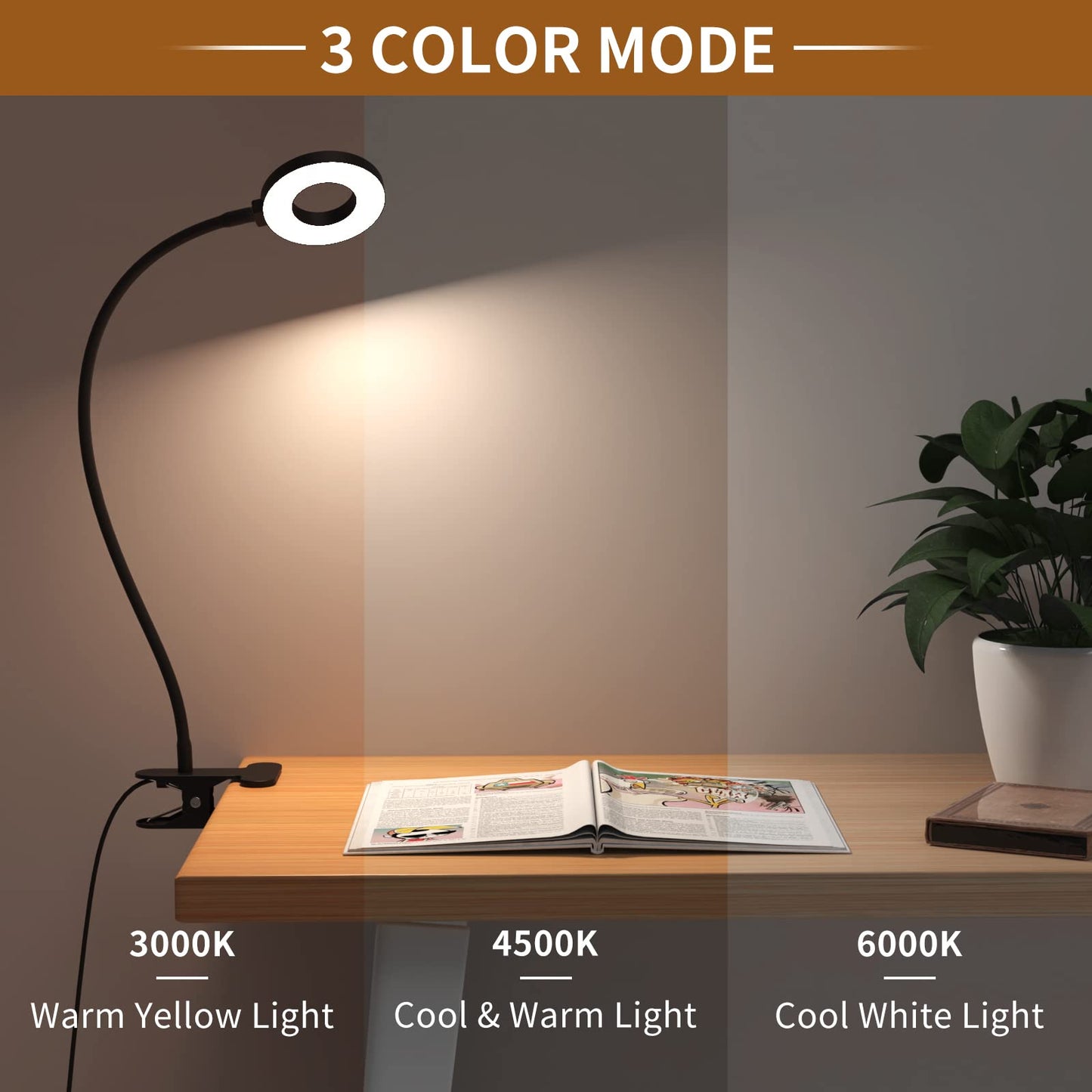 Skorter | Izell Led Desk Lamp with Clamp, 3 Color Modes & 10 Brightness Levels, Flexible Goose Neck - Black